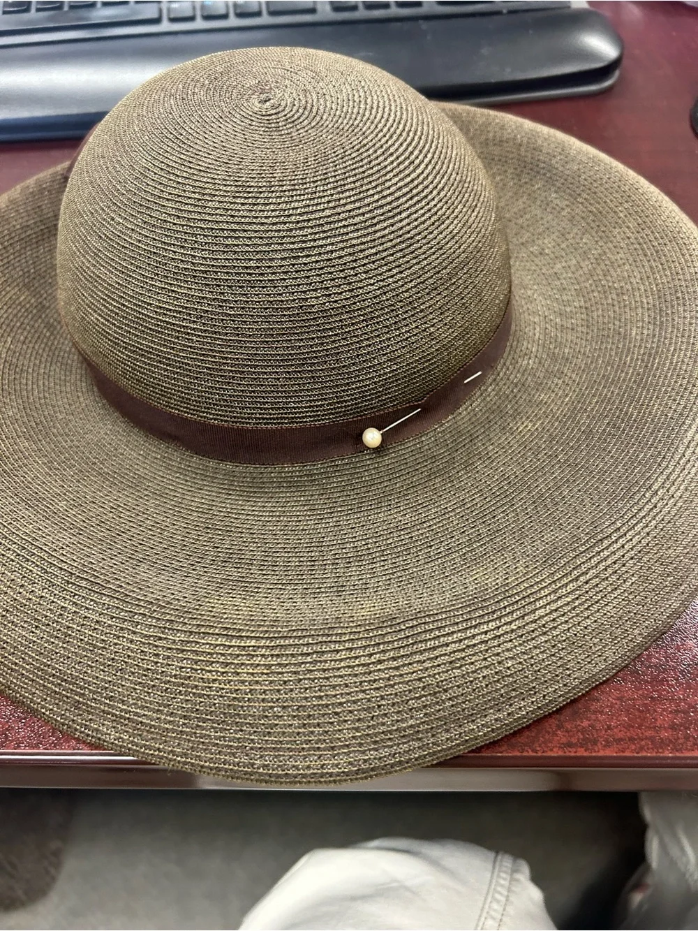 Betmar Brown Wide-Brim Straw Sun Hat with Ribbon and Bead Accent